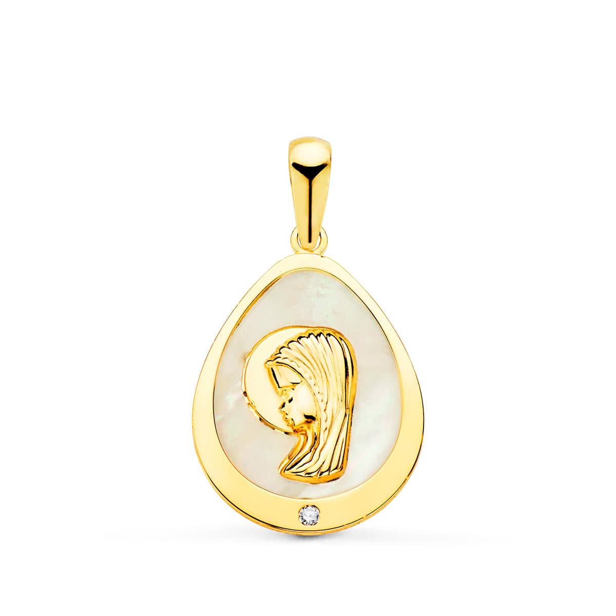 18K Medal Virgin Girl Tear With Mother-of-Pearl And Cubic Zirconia 15x12 mm