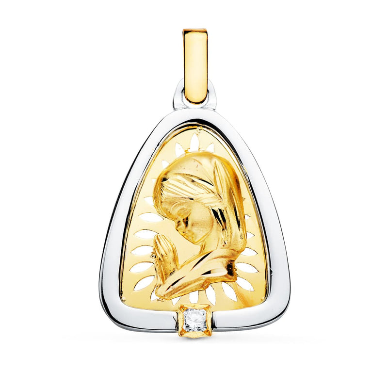 18K Medalla Virgen Niña Oro Y Plata Circonita 21x17 mm