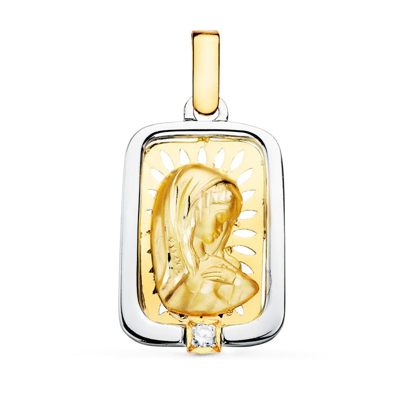18K Gold and Silver Virgin Girl Medal Zirconia 21x15 mm