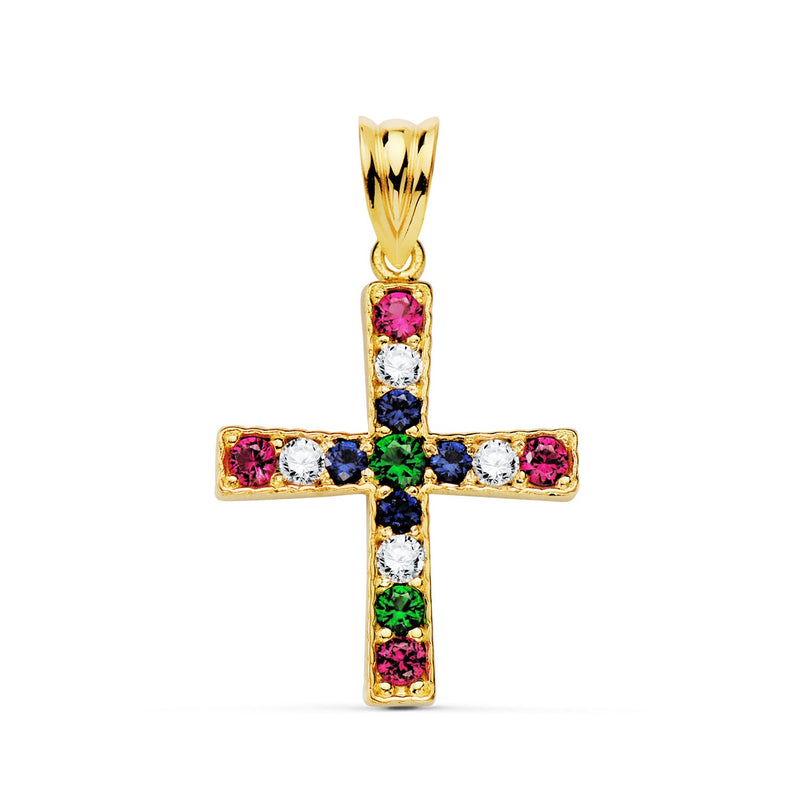 18K Cruz Oro Amarillo Con Circonitas Colores Redondas. 22 x 19 mm