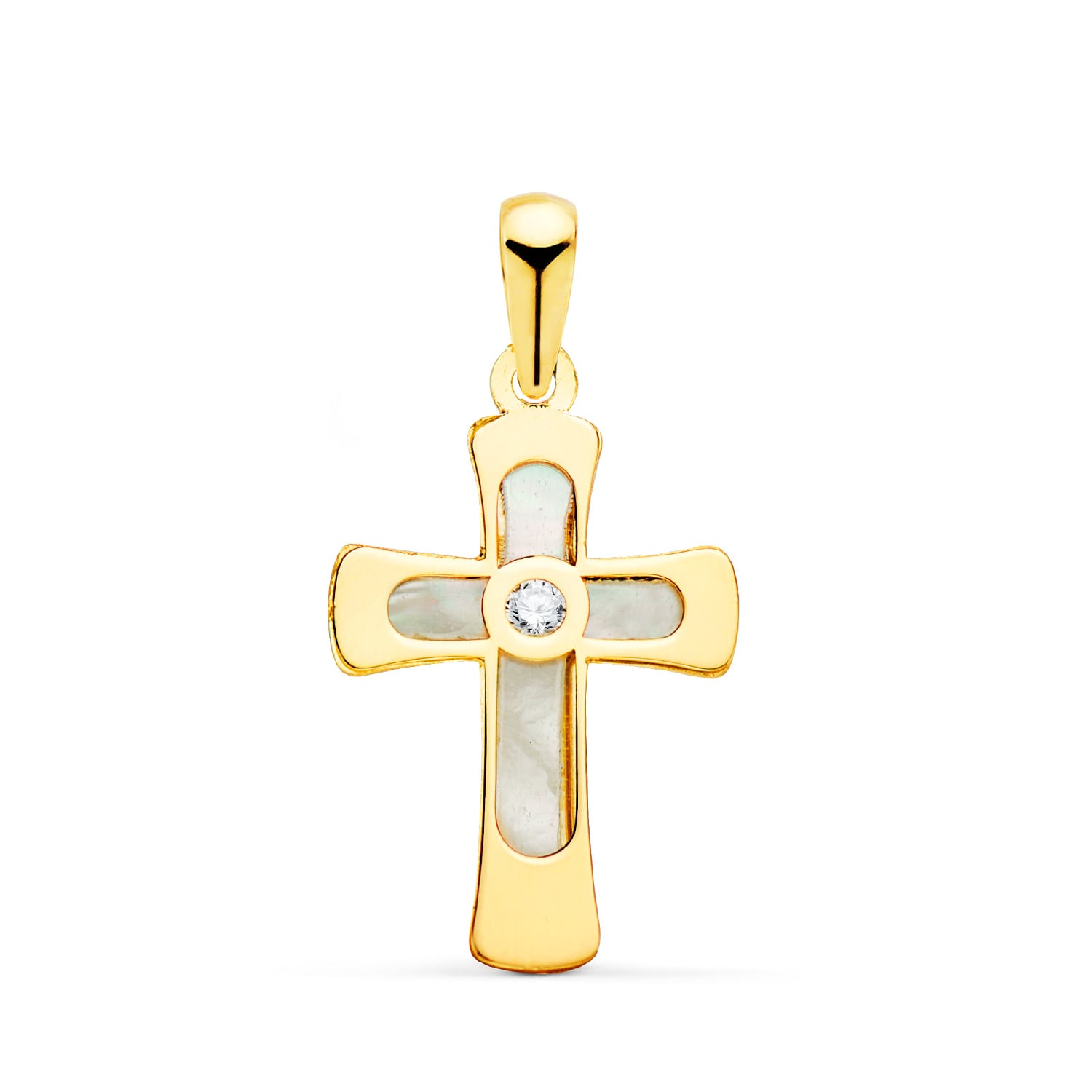 18K Yellow Gold Cross With Mother-of-Pearl and Cubic Zirconia 20 x 12 mm