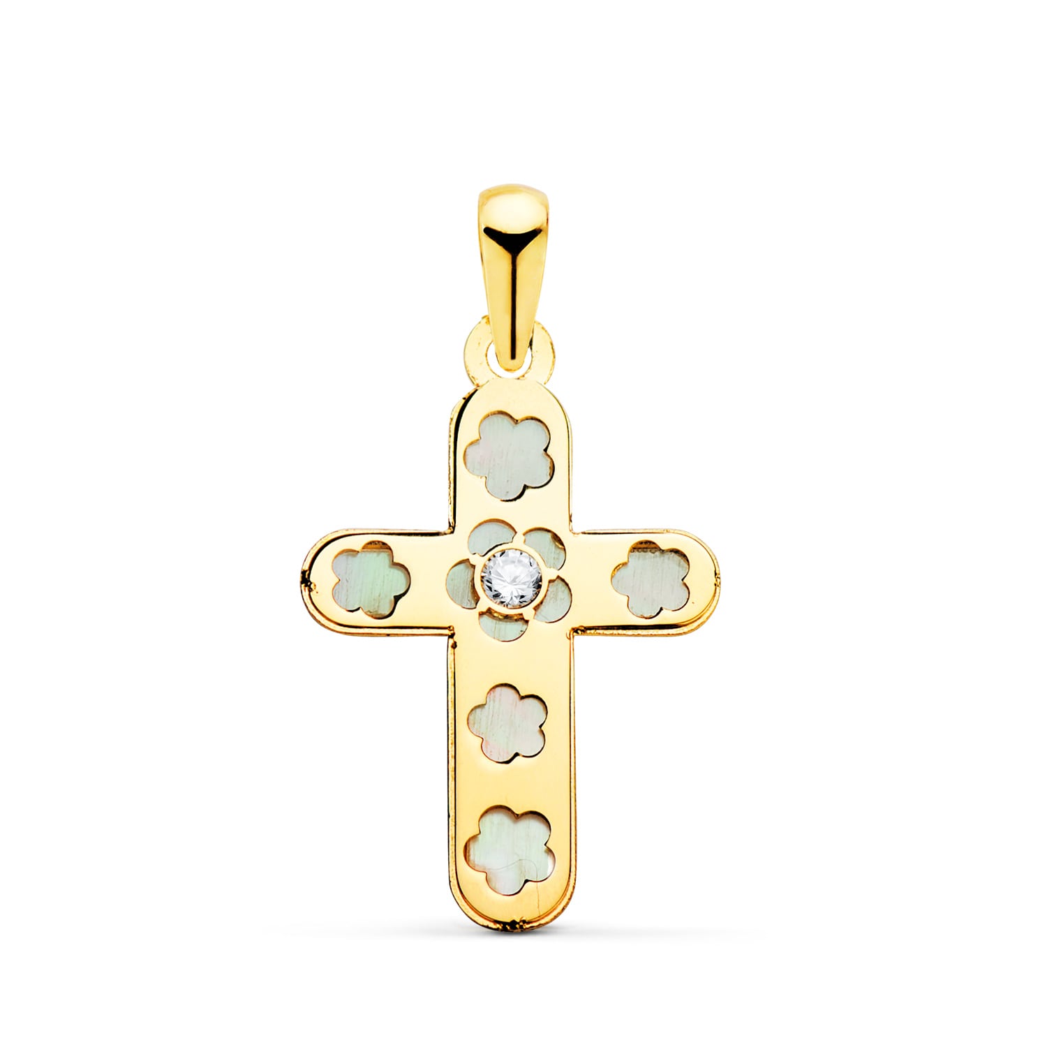 18K Yellow Gold Cross With Mother-of-Pearl and Cubic Zirconia 20 x 13 mm
