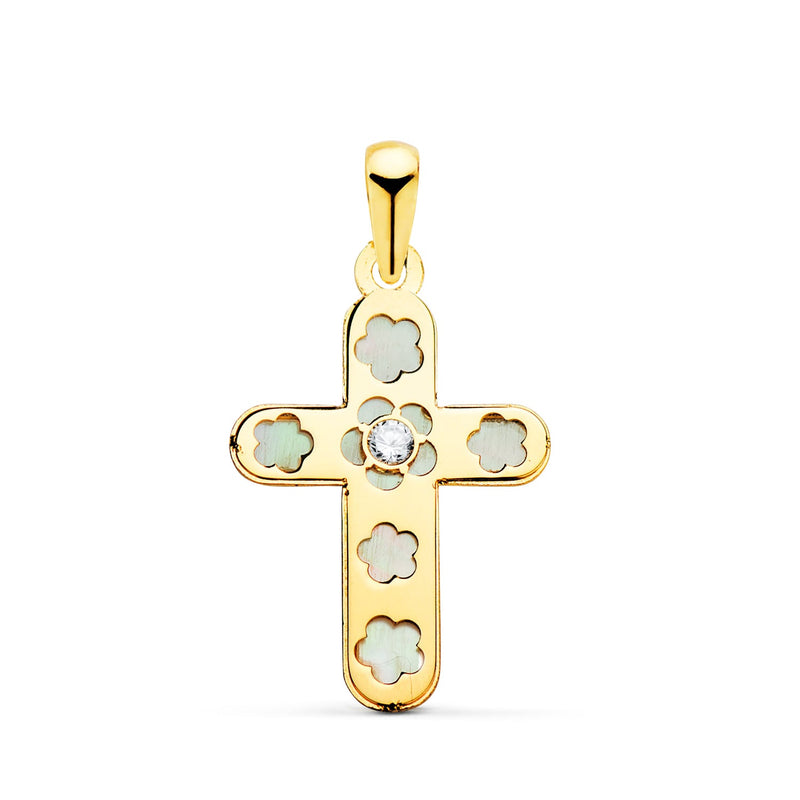 18K Cruz Oro Amarillo Con Nacar Y Circonita 20 x 13 mm