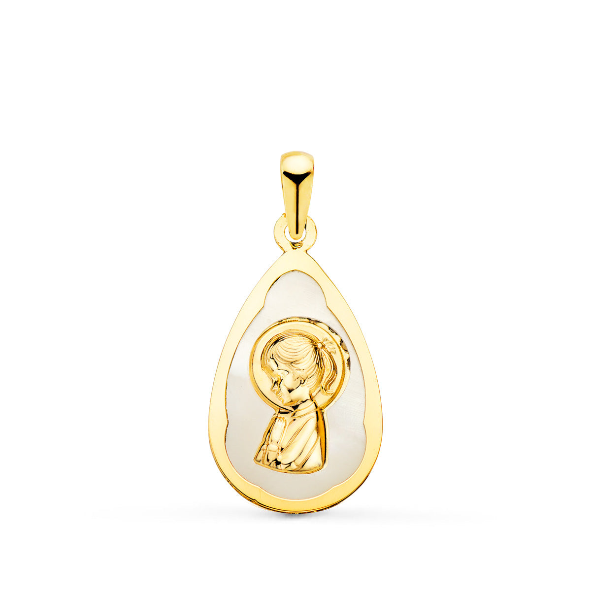 Médaille 18K Or Jaune Goutte Avec Nacre Blanche Et Vierge Enfant 19x12 mm
