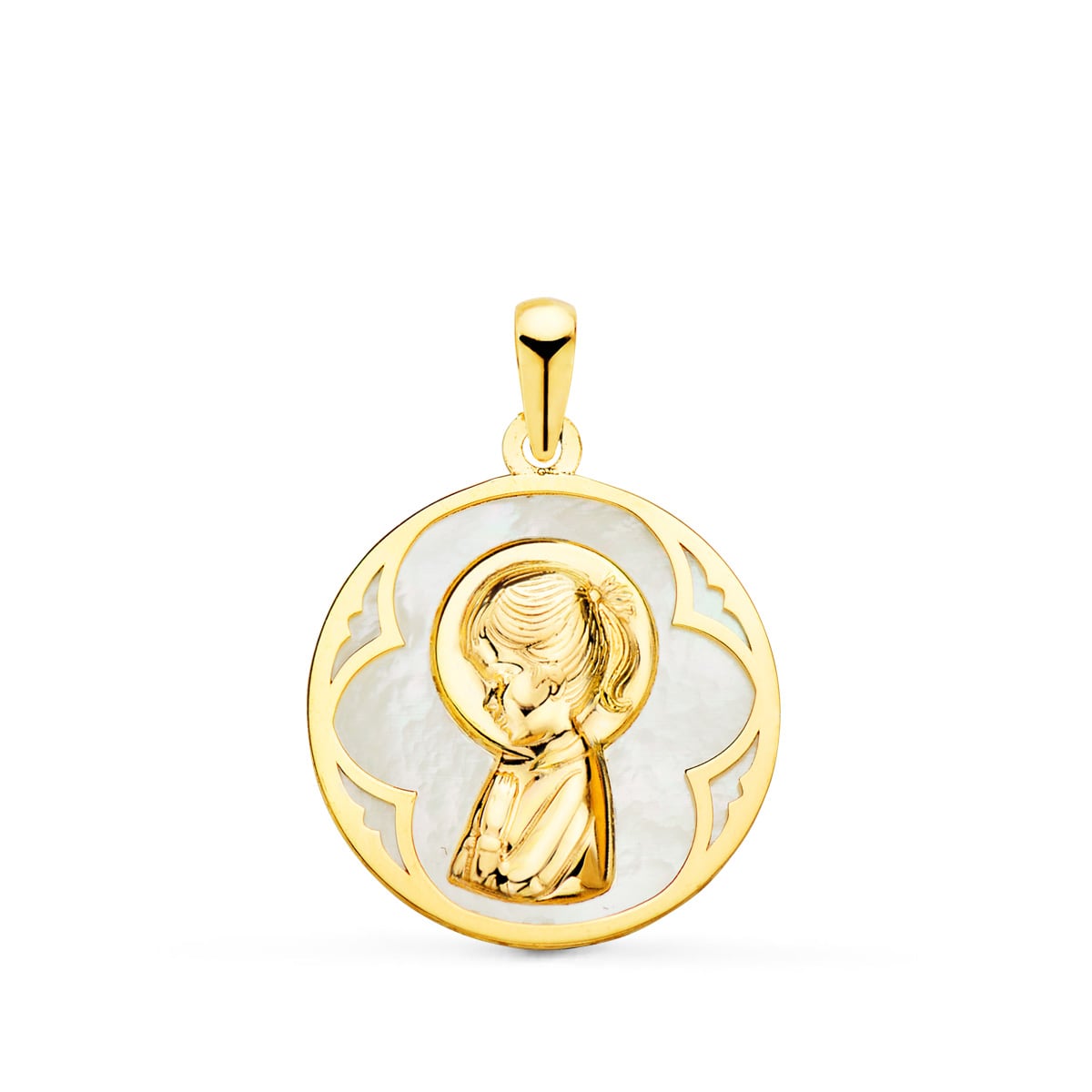 18K Yellow Gold Round Medal with White Mother-of-Pearl and Virgin Girl. 18 mm