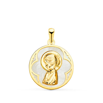 18K Yellow Gold Round Medal with White Mother of Pearl and Virgin Girl. 18 mm