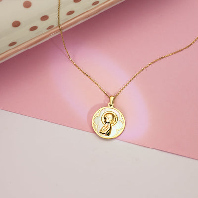 18K Yellow Gold Round Medal with White Mother of Pearl and Virgin Girl. 18 mm