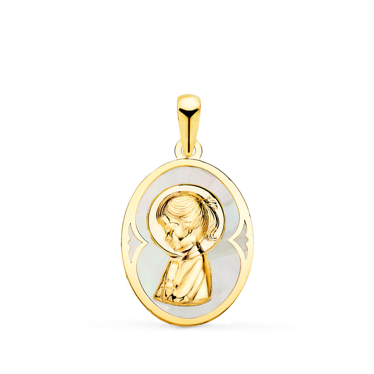 18K Yellow Gold Oval Medal with White Mother-of-Pearl and Virgin Girl 19x14 mm