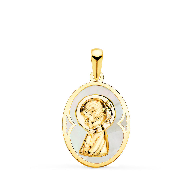 18K Medalla Oro Amarillo Oval Con Nacar Blanco Y Virgen Niña 19x14 mm