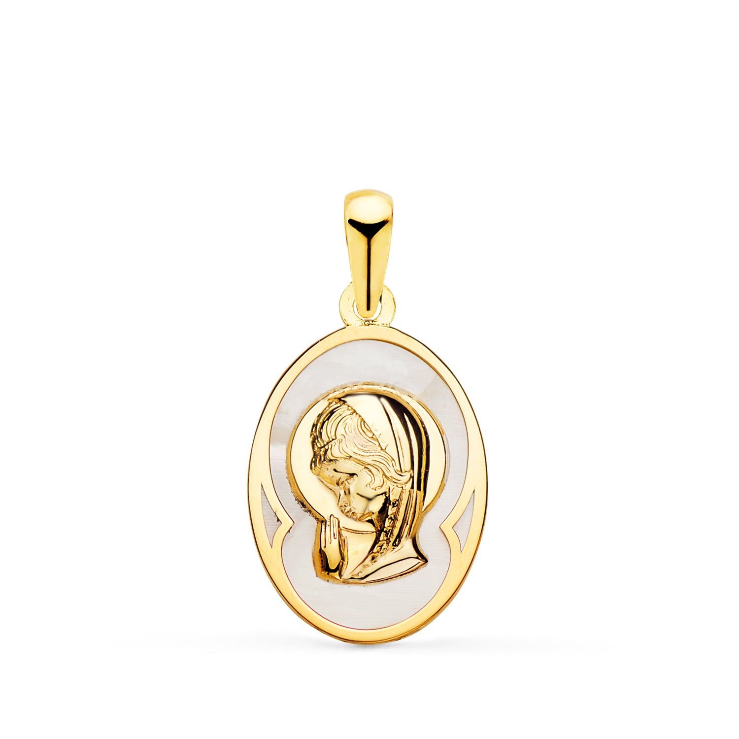 18K Medalla Oro Amarillo Oval Con Nacar Blanco Y Virgen Niña 17 x 12 mm