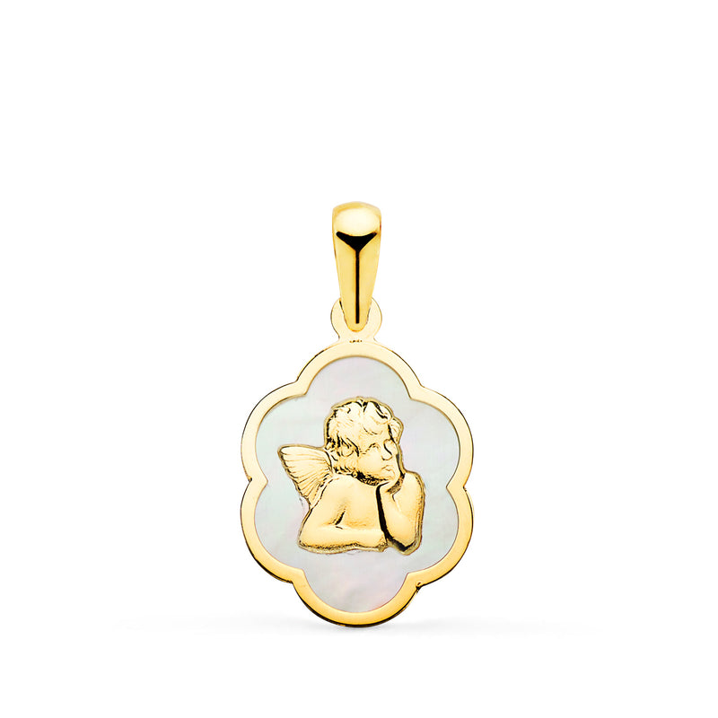 18K Yellow Gold Cloud Pendant with Burlon Angel and White Mother of Pearl 15 x 12 mm