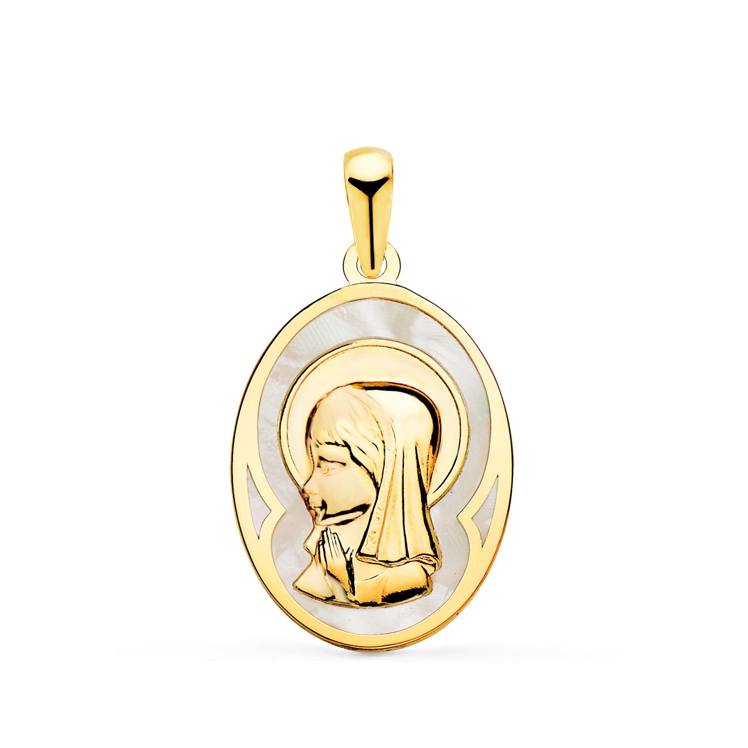 18K Yellow Gold Oval Medal with White Mother-of-Pearl and Virgin Girl 17x12 mm