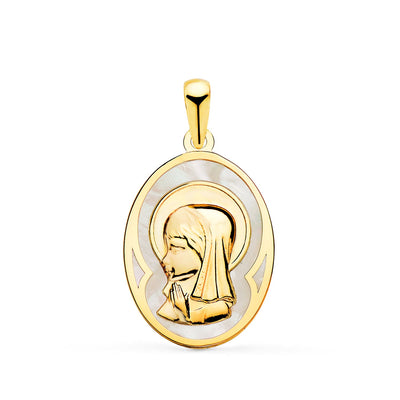 18K Medalla Oro Amarillo Ovalada Con Nacar Blanco Y Virgen Niña 17x12 mm