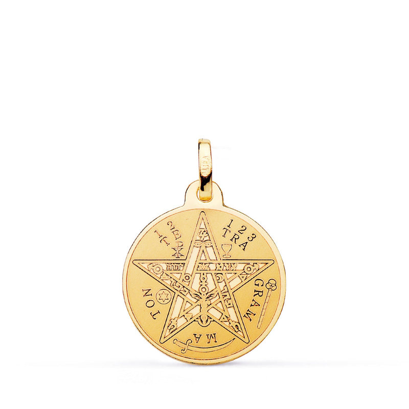 18K Yellow Gold Disc Pendant Matt and Shiny Tetragrammaton 18 mm