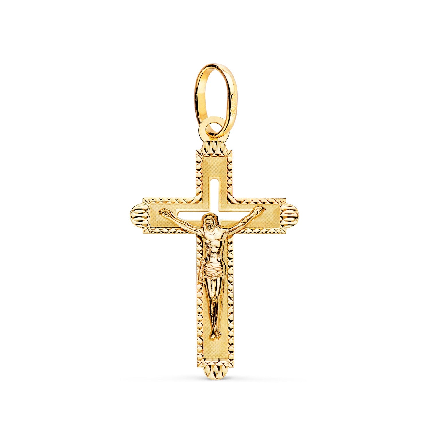18K Yellow Gold Cross With Carved Christ 27 x 17 mm