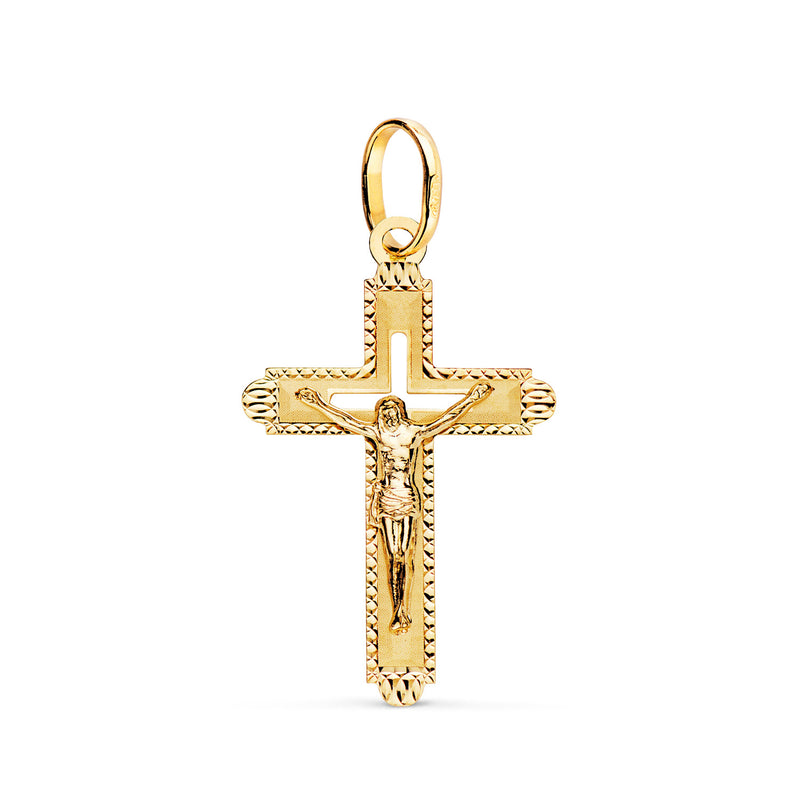 18K Cruz Oro Amarillo Con Cristo Tallada 27 x 17 mm