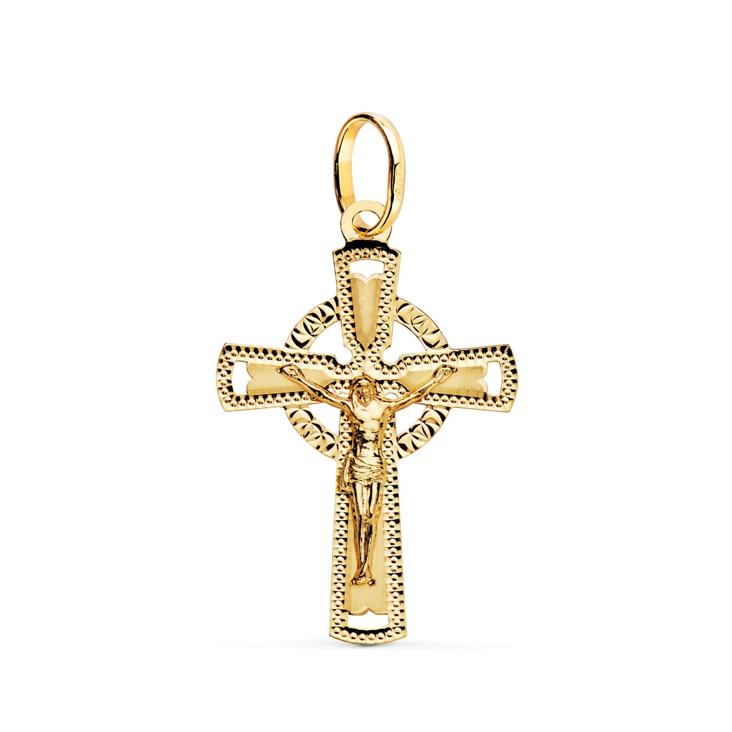 18K Yellow Gold Cross With Carved Christ 28 x 18 mm