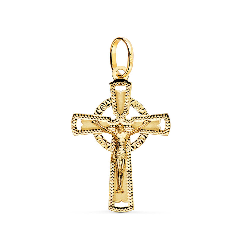 18K Cruz Oro Amarillo Con Cristo Tallada 28 x 18 mm