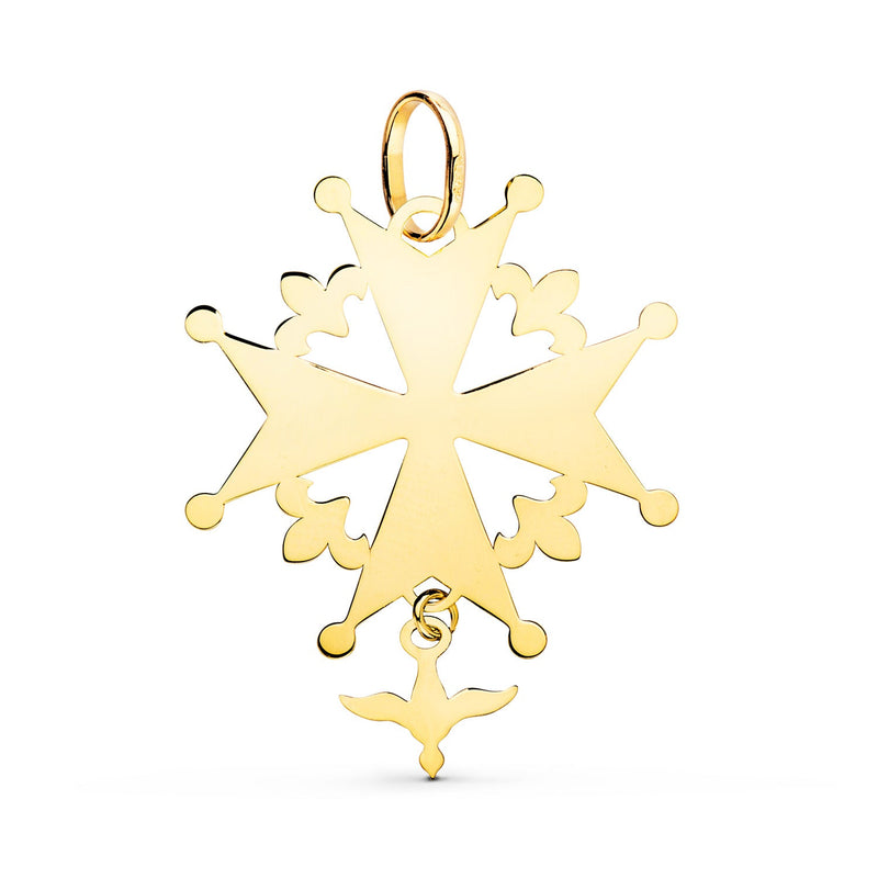 18K Yellow Gold Huguenotte Cross With Dove In Shine. 32 x 25 mm
