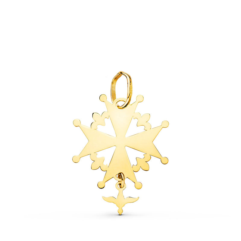 18K Yellow Gold Huguenotte Cross With Shiny Dove. 21 x 16 mm
