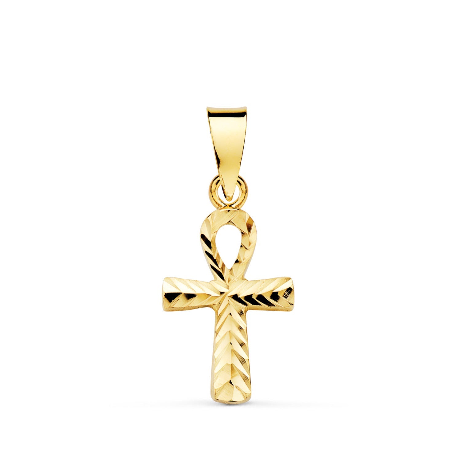 18K Carved Yellow Gold Cross of Life. 16 x 9 mm