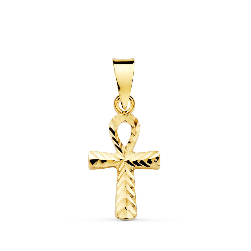 18K Yellow Gold Carved Cross of Life. 16 x 9 mm