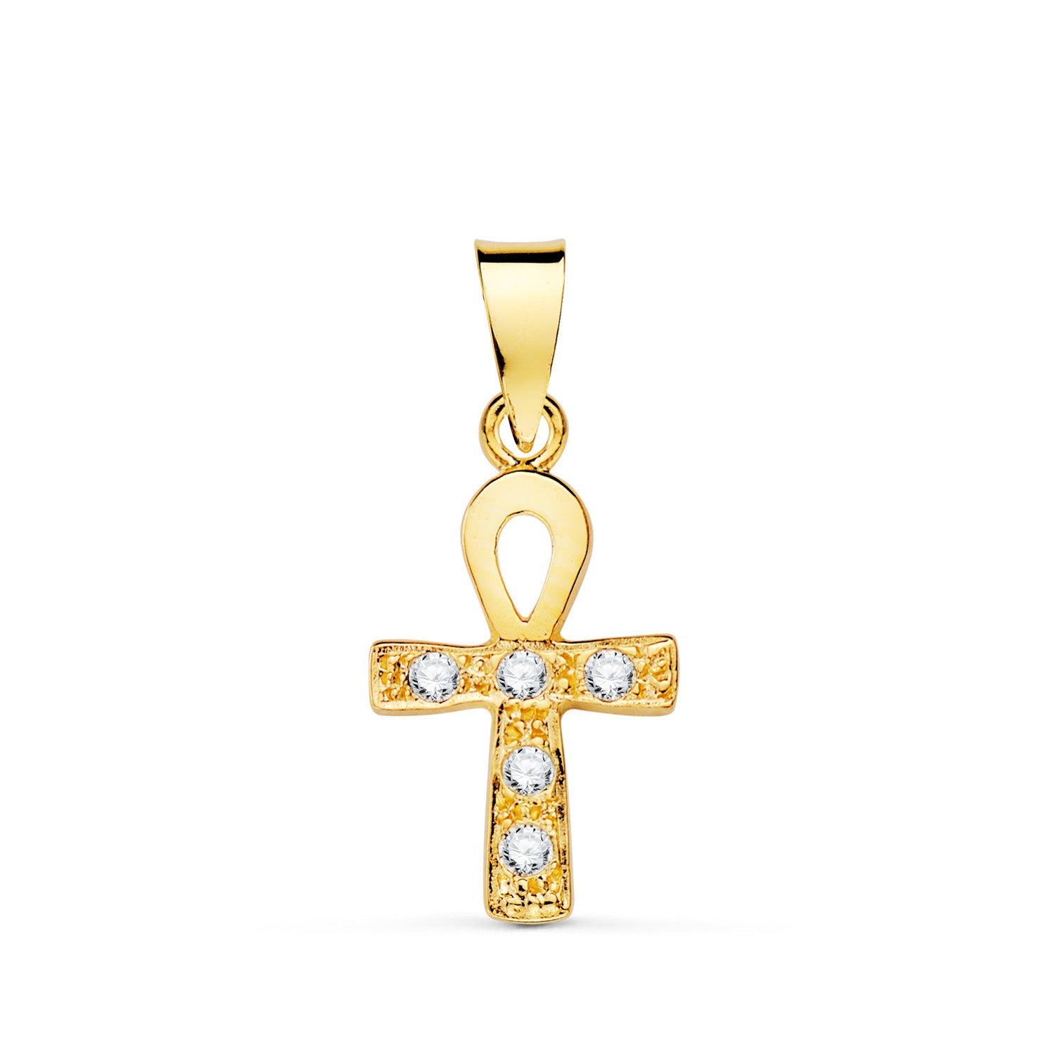 18K Yellow Gold Cross of Life with White Zirconia. 14 x 10 mm