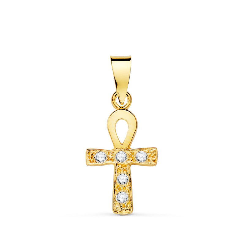 18K Yellow Gold Cross of Life with White Zirconia. 14 x 10 mm