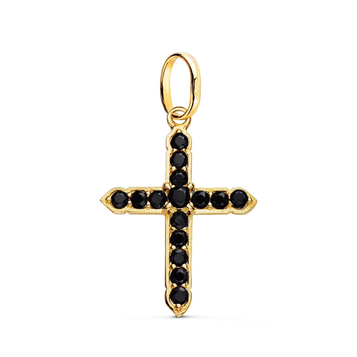 18K Yellow Gold Cross With 15 Black Zirconias in Prongs. 24 x 18 mm