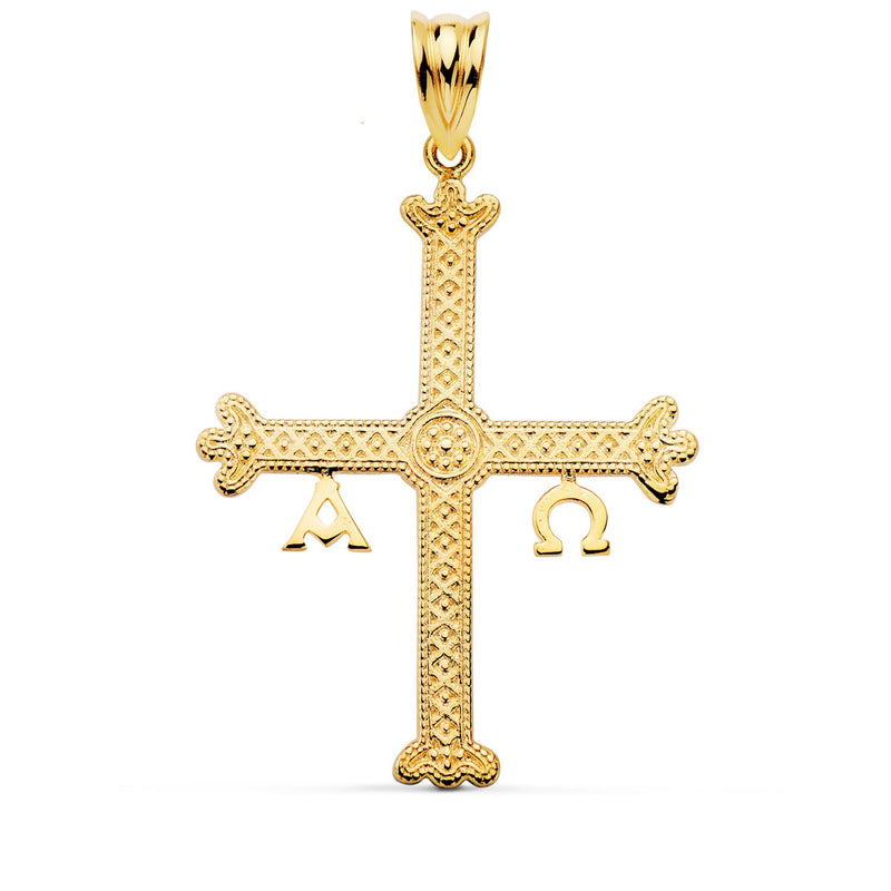 18K Yellow Gold Cross of Covadonga Relief Details. 37 x 28 mm