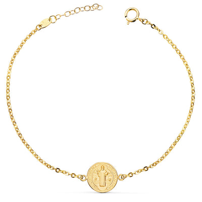 Bracelet En Or Jaune 18 Carats Avec Médaille Saint Benoît 12 Mm. Longueur : 18+2 cm