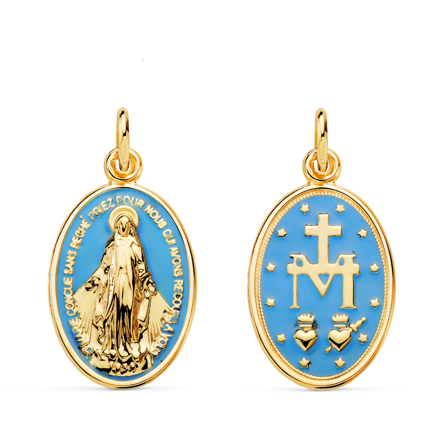 18K Medalla Oro Amarillo Redonda Con Nacar Blanco y Virgen Niña. 15 mm