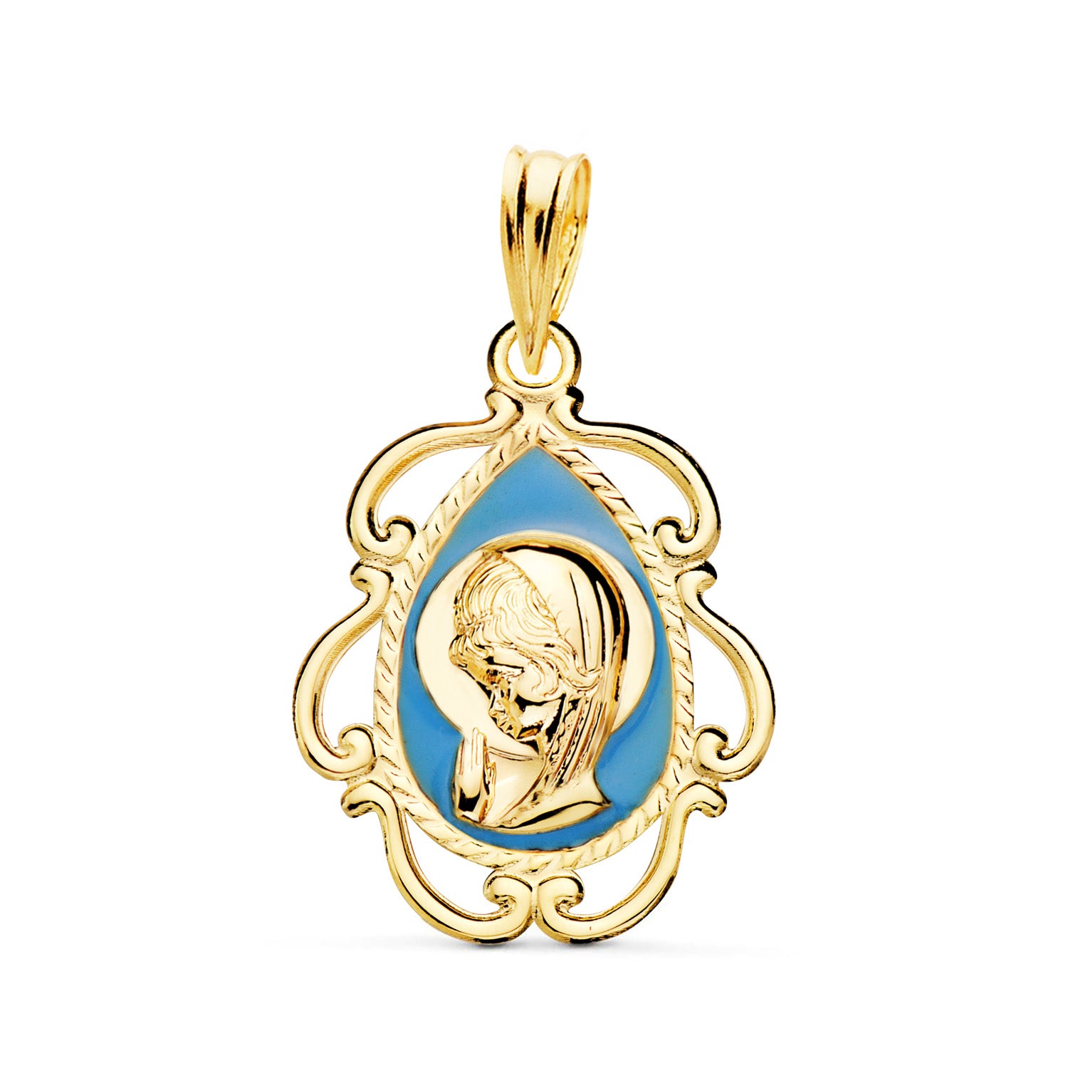 18K Medalla Oro Amarillo Virgen Niña Esmalte Blanco y Cerco Calado en Brillo 20X18 mm