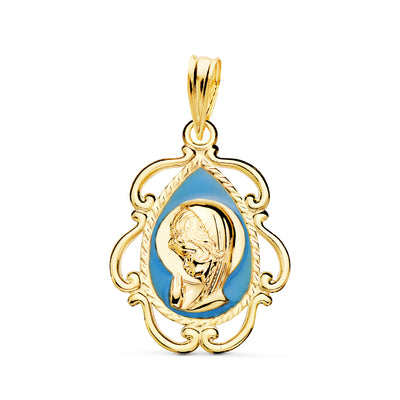 18K Medalla Oro Amarillo Virgen Niña Esmalte Blanco y Cerco Calado en Brillo 20X18 mm