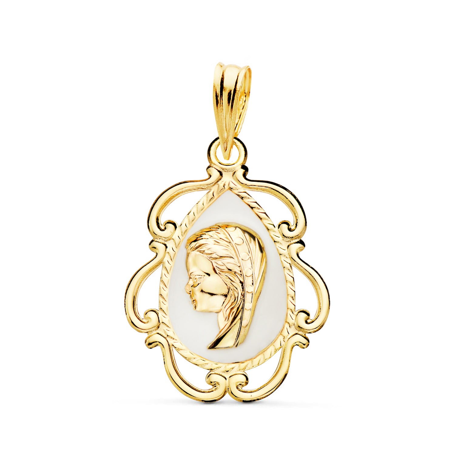 18K Medalla Oro Amarillo Virgen Niña Esmale Blanco y Cerco Calado en Brillo 22X16 mm