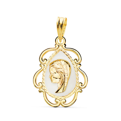 18K Medalla Oro Amarillo Virgen Niña Esmale Blanco y Cerco Calado en Brillo 22X16 mm
