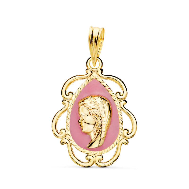 18K Medalla Oro Amarillo Virgen Niña Esmalte Blanco y Cerco Calado en Brillo 22X16 mm