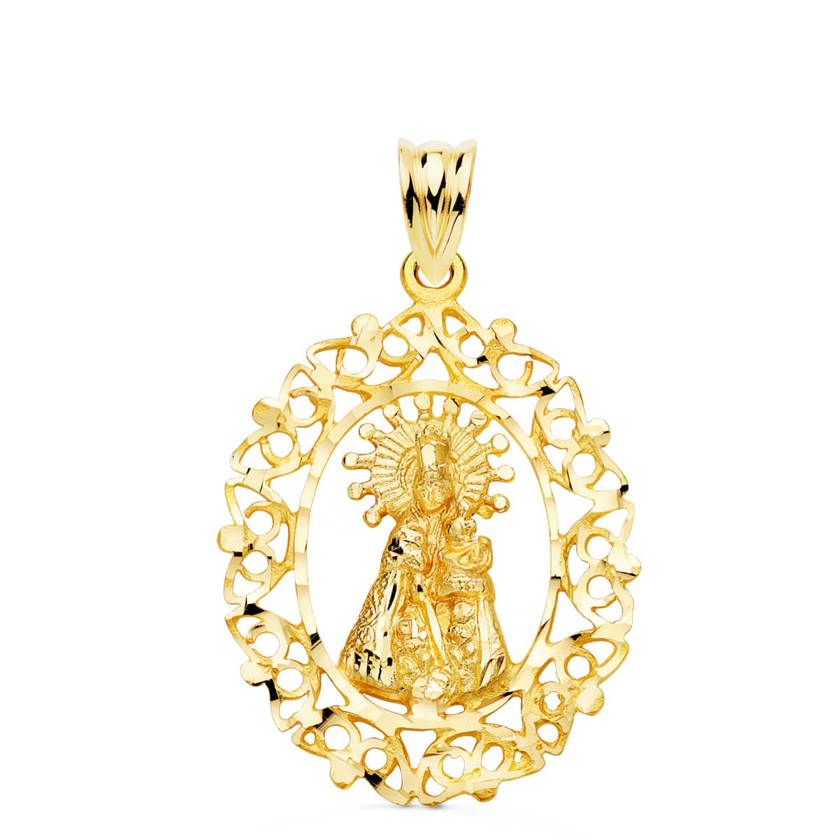 18K Yellow Gold Medal Virgin Desamparados Openwork Frame 28X21 Mm
