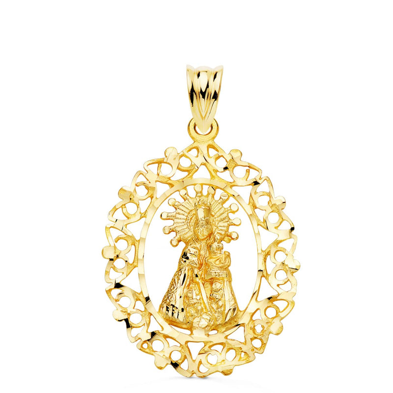 18K Medalla Oro Amarillo Virgen Desamparados Cerco Calado 28X21 Mm