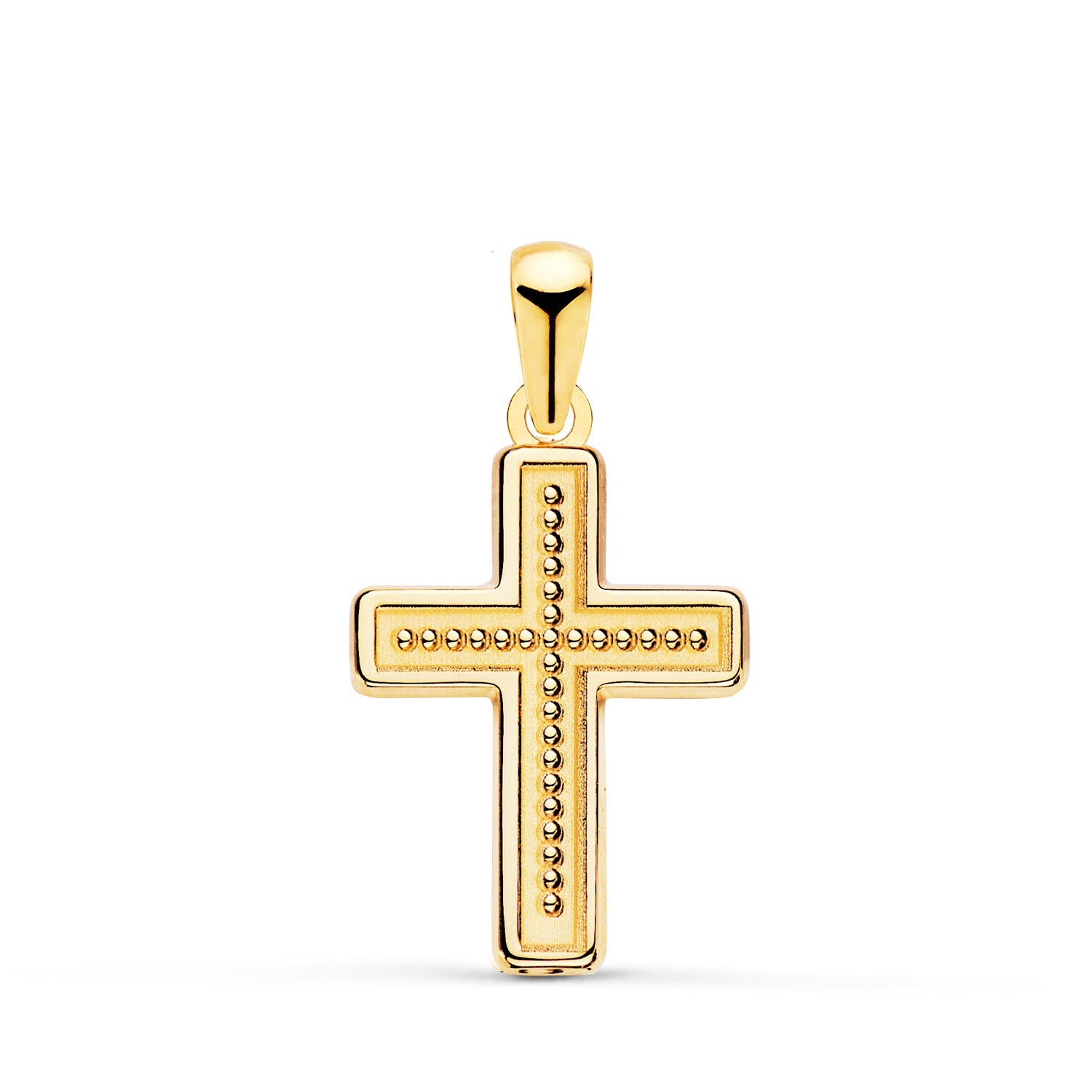 18K Yellow Gold Cross With Interior Beads. 19 x 13 mm