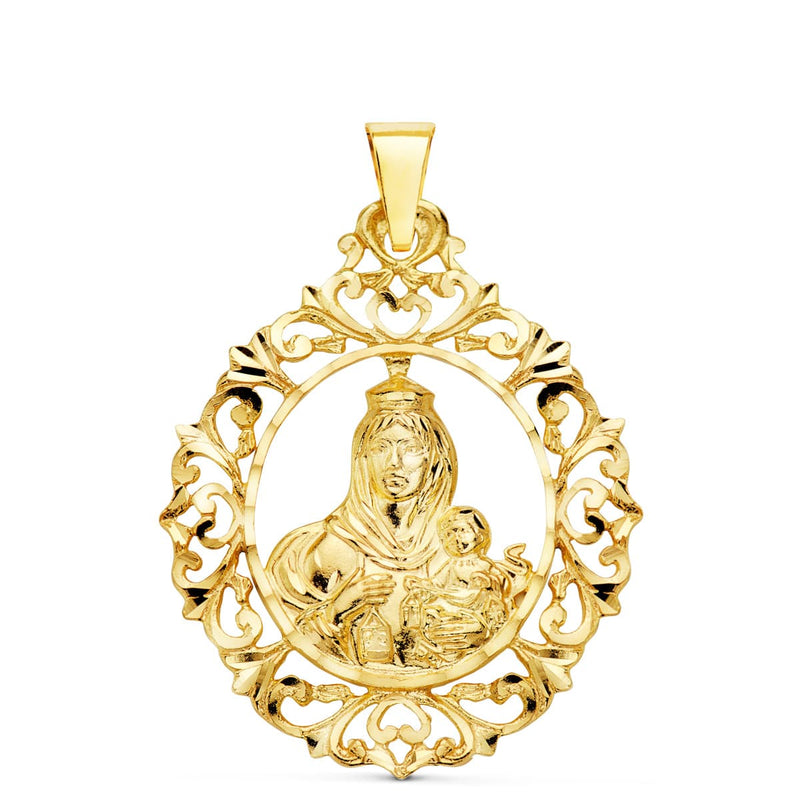 18K Virgen Del Carmen Medal Filigree Border 37x30 mm