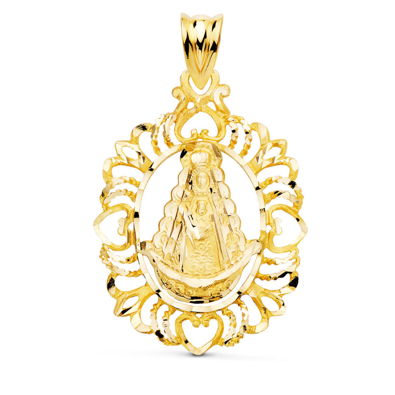 Médaille Virgen Del Rocio en Or Jaune 18 Carats Sculptée Cerco 30x22 mm