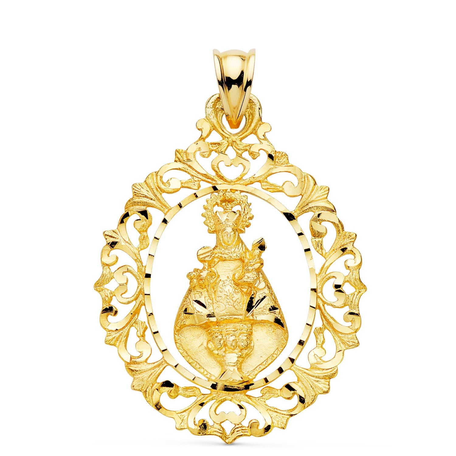 18K Medalla Oro Amarillo Virgen De Covadonga Tallada 39x30 mm