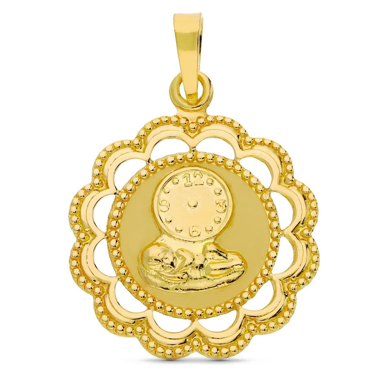 18K Medalla Oro Amarillo Niño Y Reloj 26x22 mm