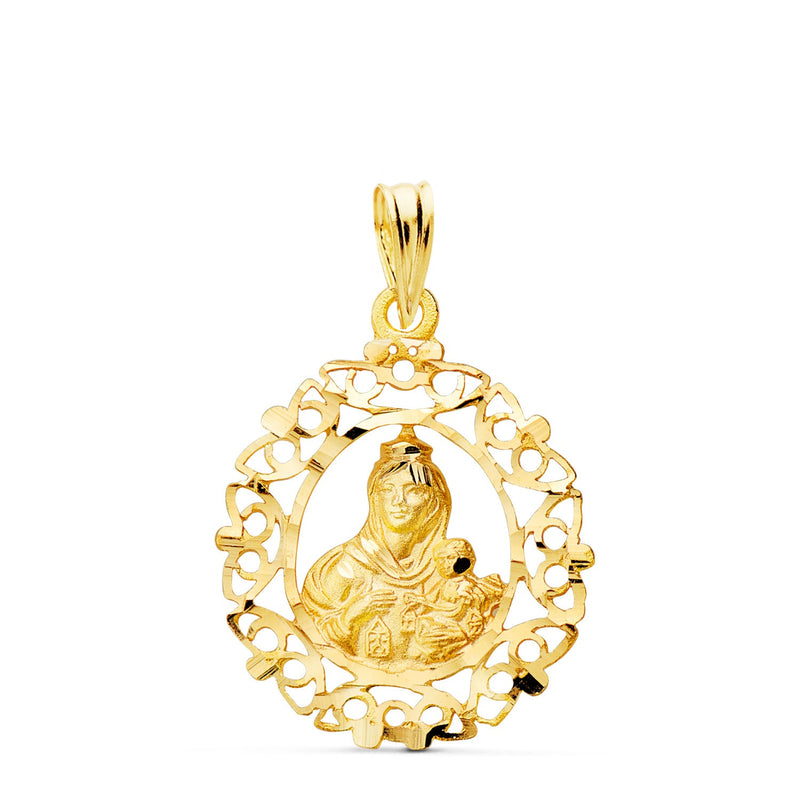 18K Yellow Gold Medal Virgen Del Carmen Carved Border 25 x 20 mm