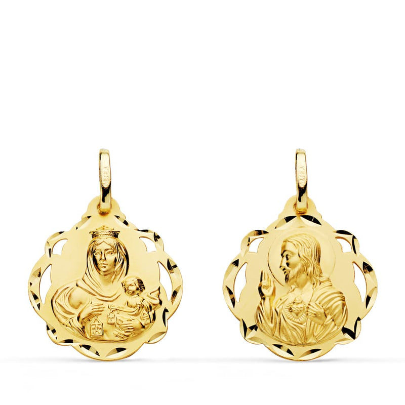 18K Scapular Tambourine Virgin of Carmen and Heart of Jesus 20 mm