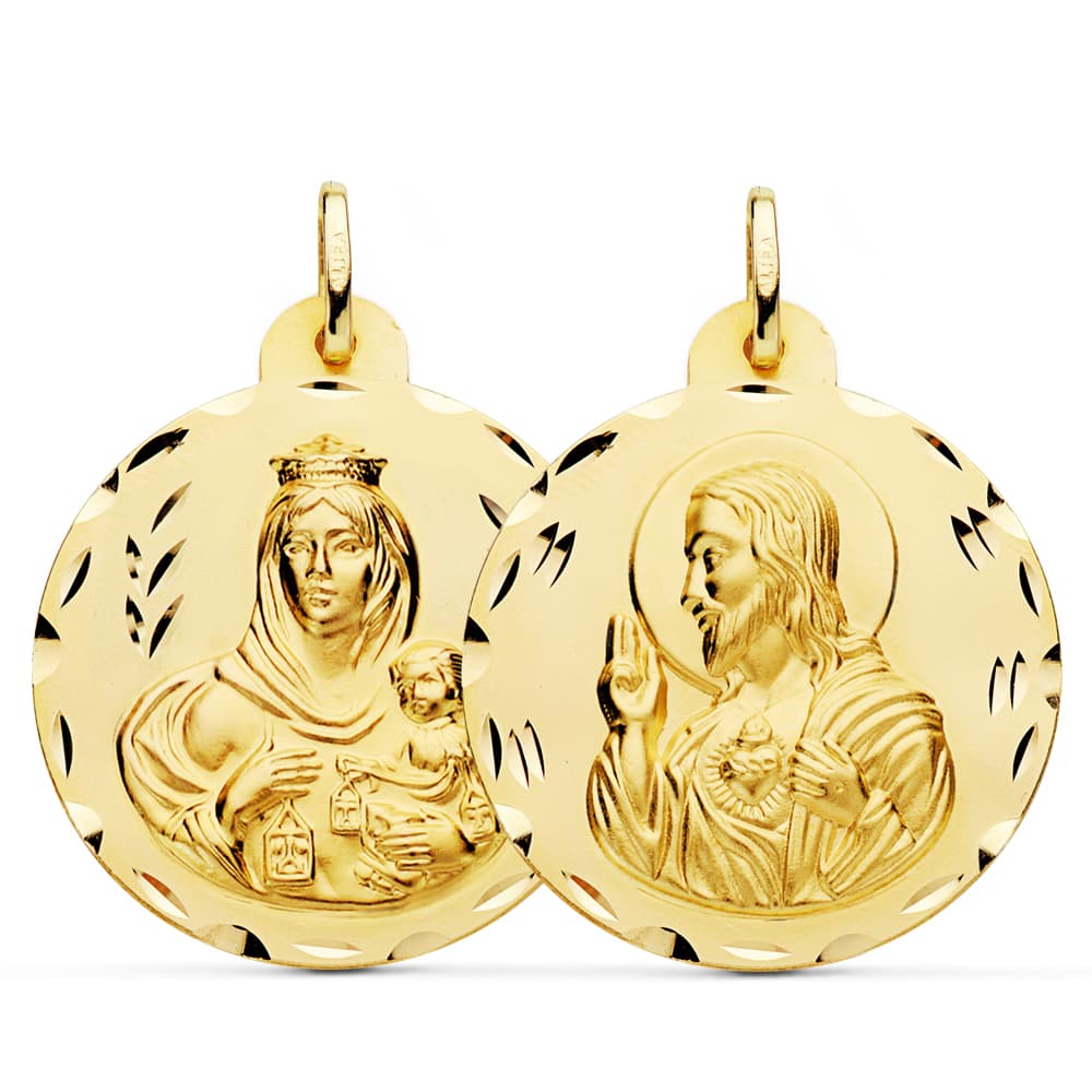 18K Carved Scapular Virgin of Carmen Heart of Jesus 30 mm