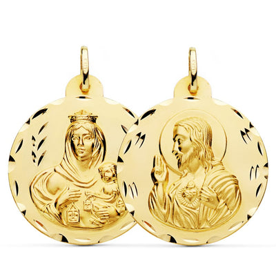 18K Carved Scapular Virgin of Carmen Heart of Jesus 30 mm