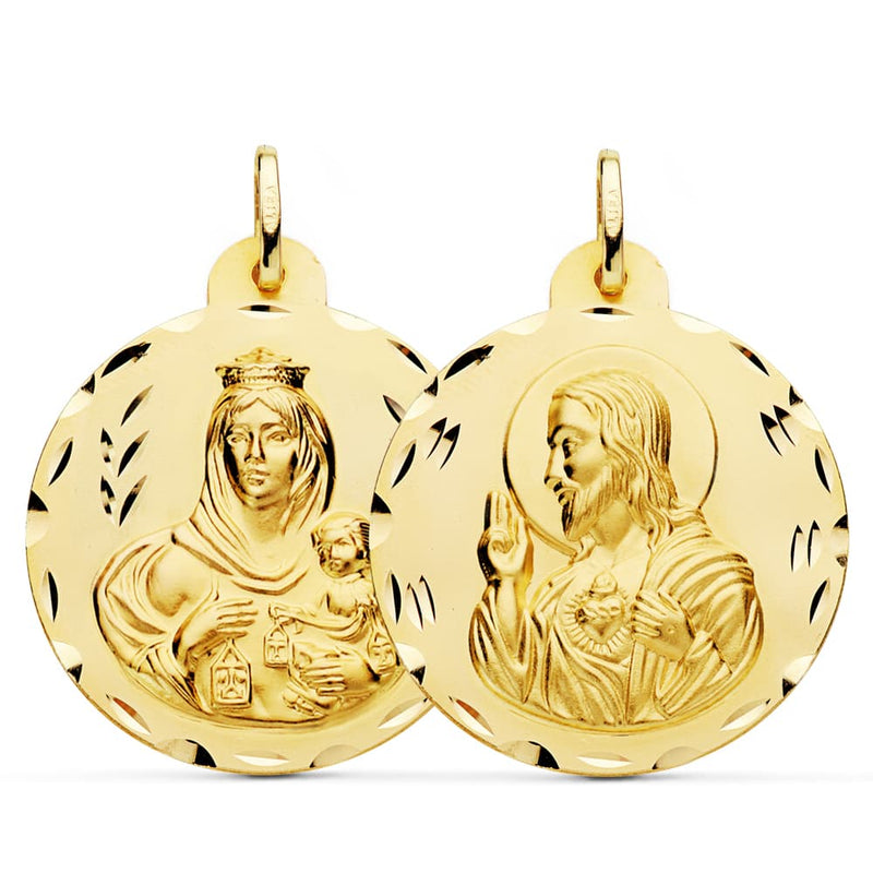 18K Escapulario Tallado Virgen Del Carmen Corazon De Jesus 30 mm