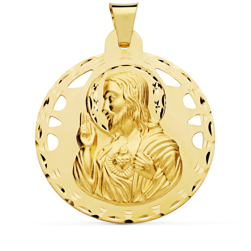 18K Medal Sacred Heart of Jesus Christ Hollowed and Carved 42 mm